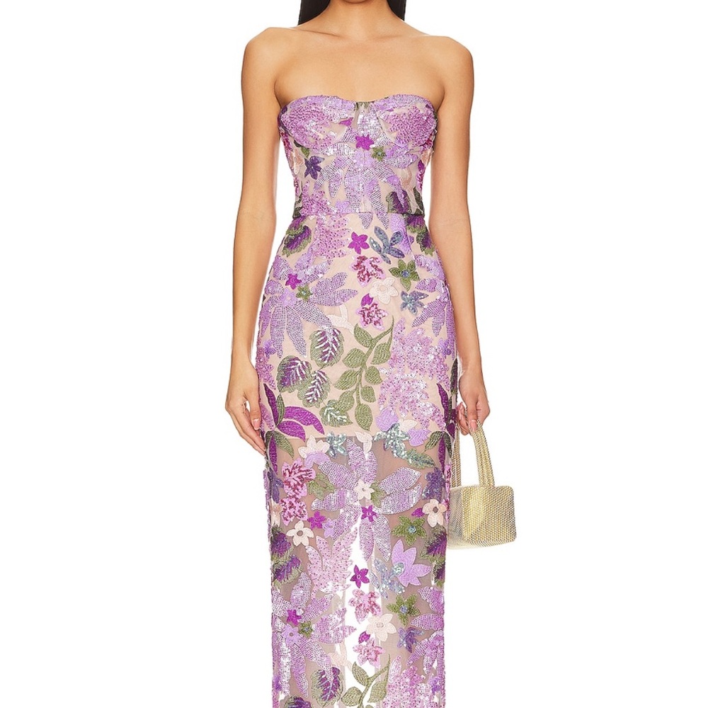 Bronx and Banco Lavender Strapless Floral Lace Gown